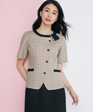事務服・会社制服の通販の【ユニデポ 事務服】【全2色】四分袖オーバーブラウス（ドビークラスチェック）