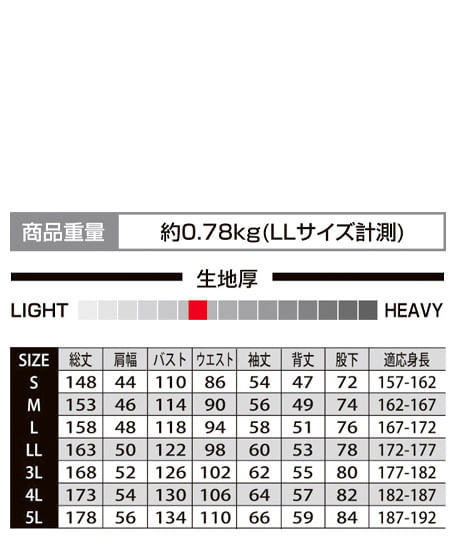 【全4色】長袖つなぎ服（ウエストの大型4WAYプリーツ・帯電防止・ストレッチ/伸長率約11％） サイズ詳細
